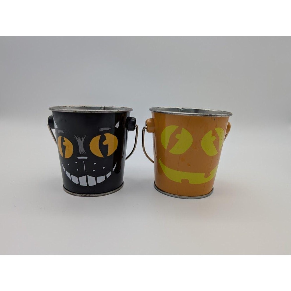 Vintage Halloween Metal Bucket Pail 2 Lot Pumpkin Black Cat Jack o Lantern Small